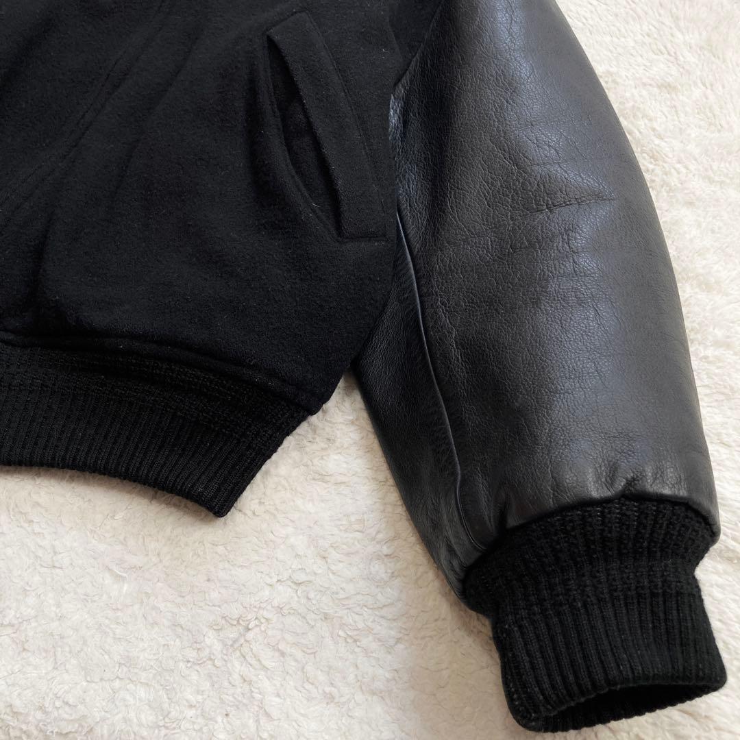 【希少】JUNMEN　スタジャン　袖レザー　牛革　背面デカロゴ　キルティング　黒