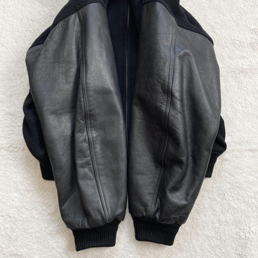【希少】JUNMEN　スタジャン　袖レザー　牛革　背面デカロゴ　キルティング　黒