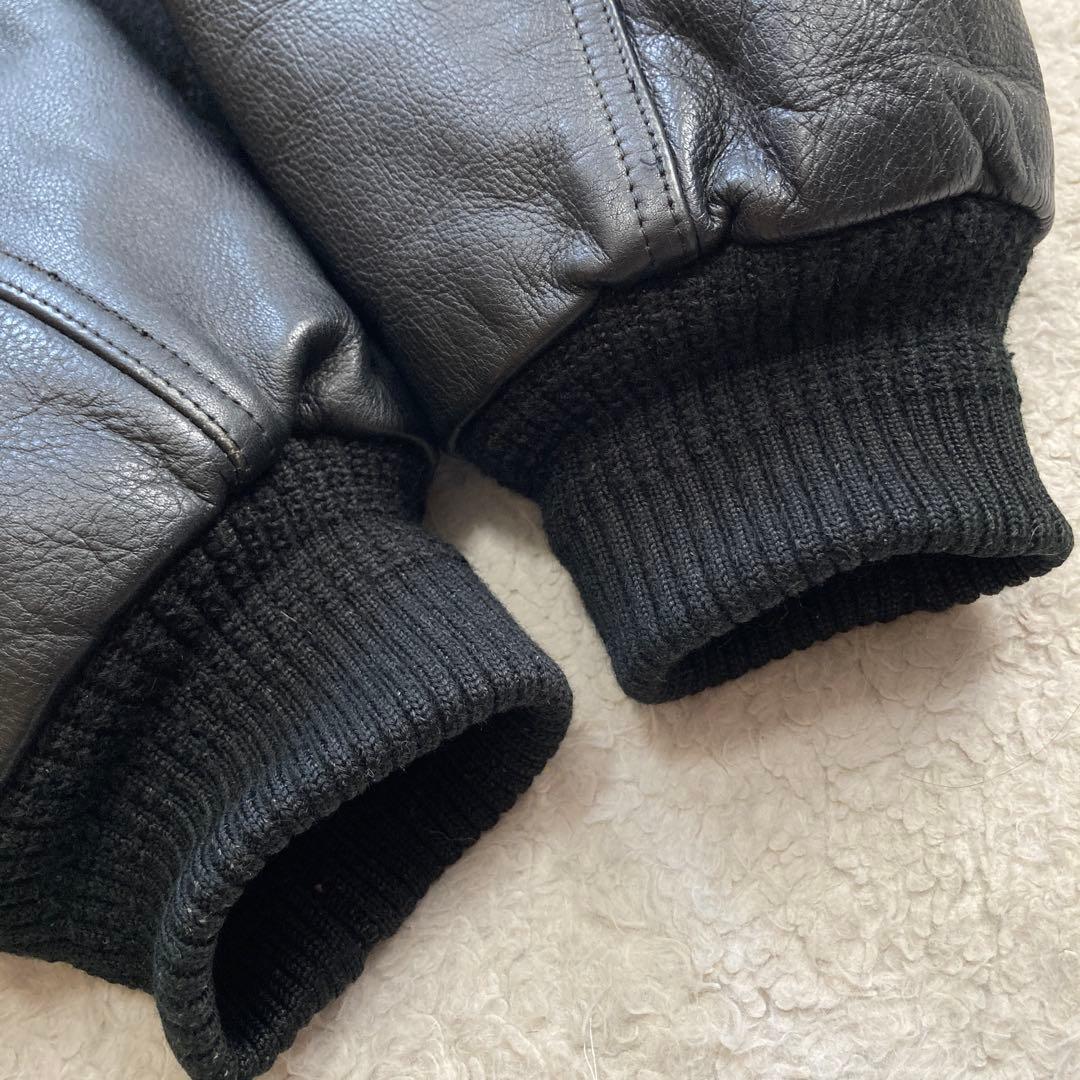 【希少】JUNMEN　スタジャン　袖レザー　牛革　背面デカロゴ　キルティング　黒