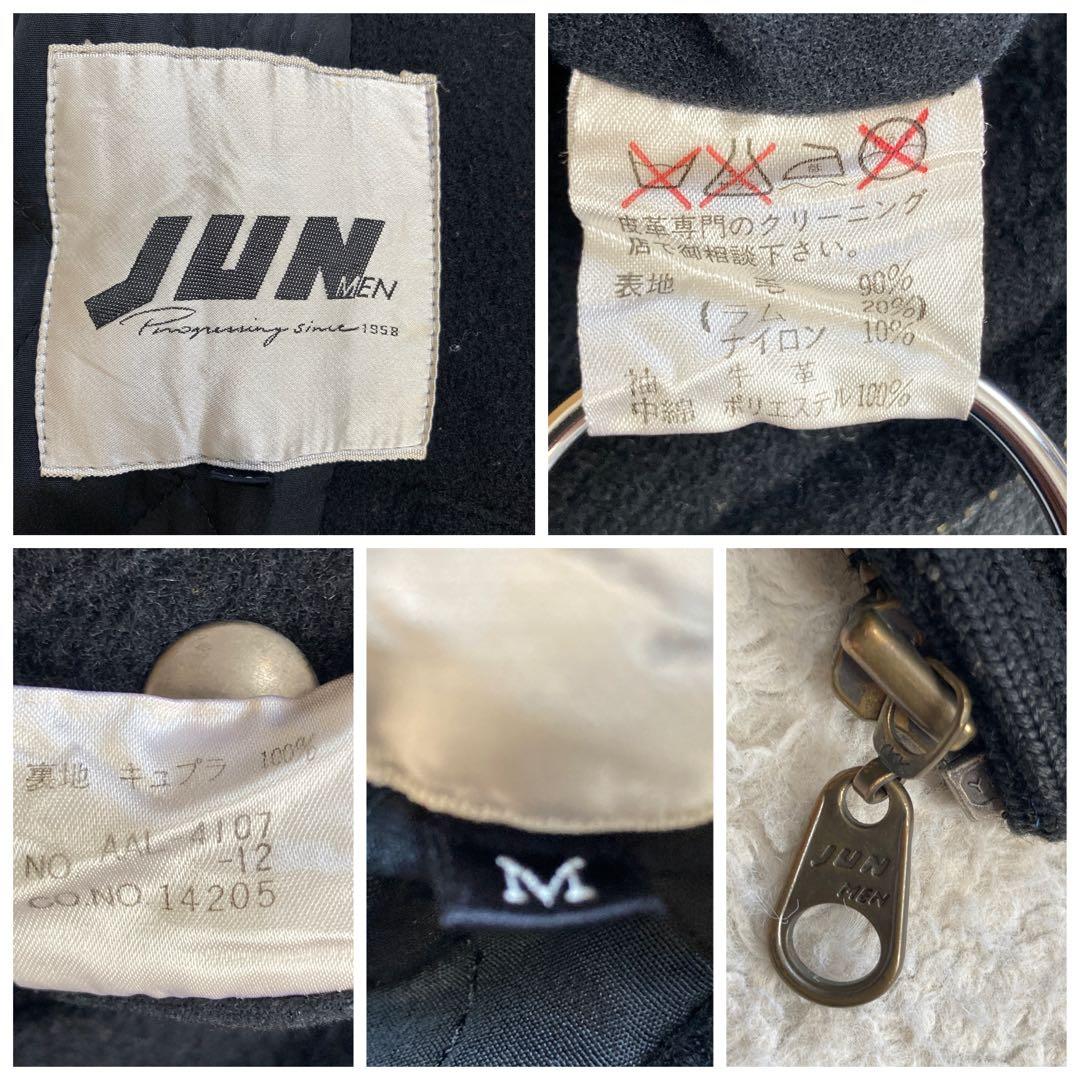 【希少】JUNMEN　スタジャン　袖レザー　牛革　背面デカロゴ　キルティング　黒