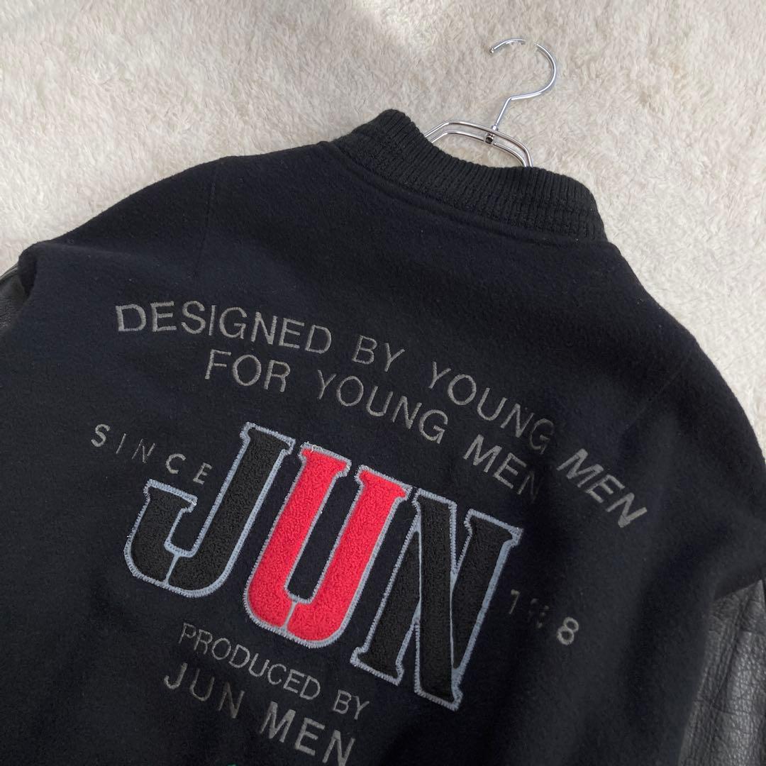 【希少】JUNMEN　スタジャン　袖レザー　牛革　背面デカロゴ　キルティング　黒