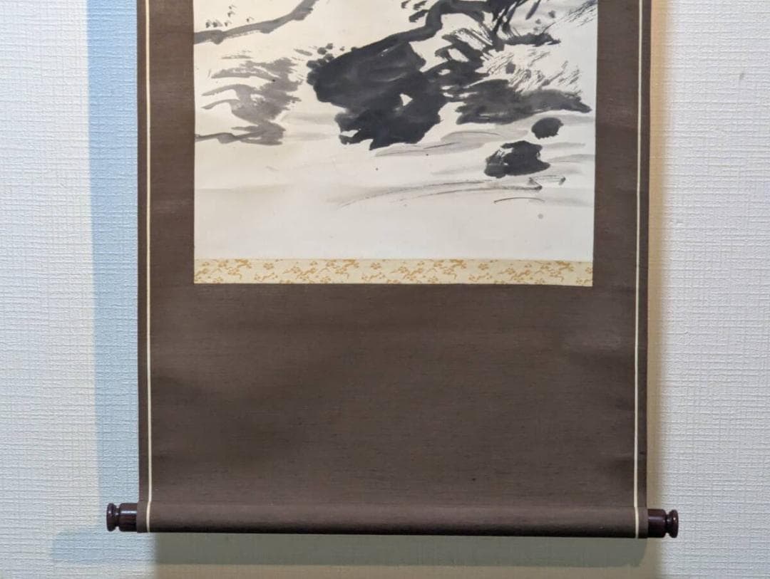 【真作】掛軸　中村不折　深山他舎図　墨彩山水　幽谷に佇む楼閣　共箱入　S168