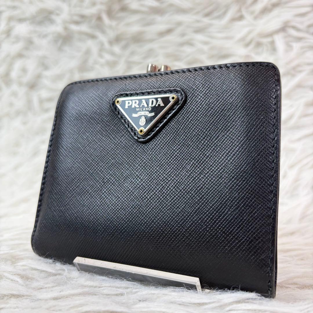 【極美品/希少 がま口】PRADA プラダ サフィアーノ 折り財布 三角ロゴ 黒