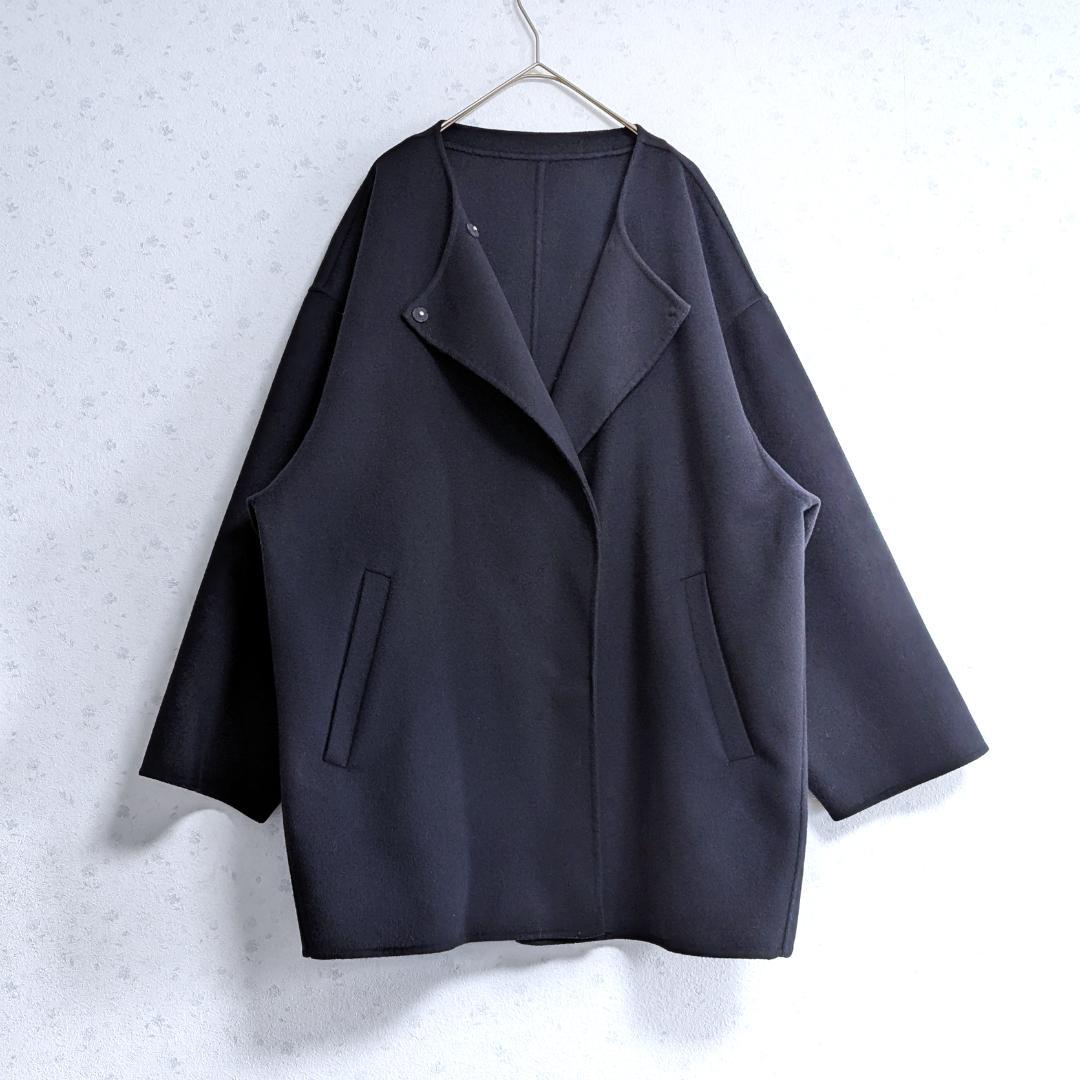 HAMILTONダブルフェイスウールショートコクーンコート ネイビー