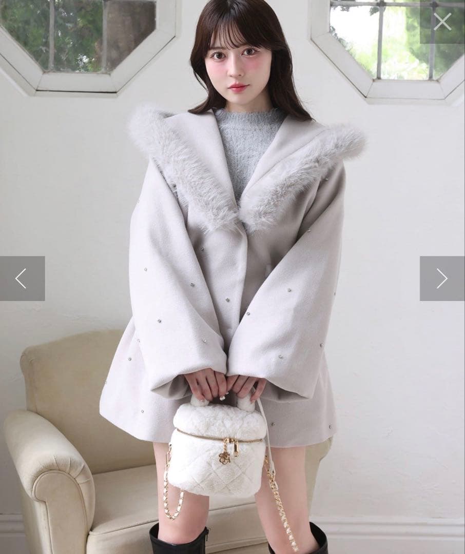 NICE CLAUP フードフェイクファービジューミドルコート グレー