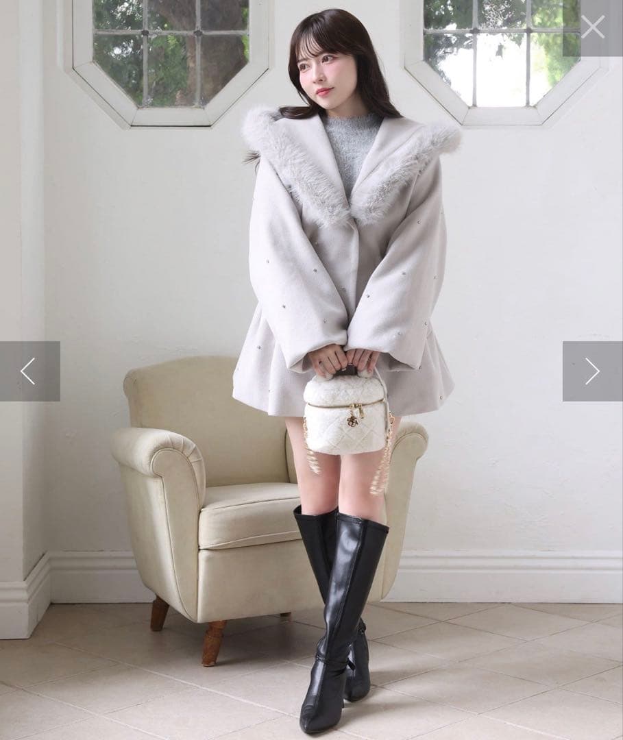 NICE CLAUP フードフェイクファービジューミドルコート グレー