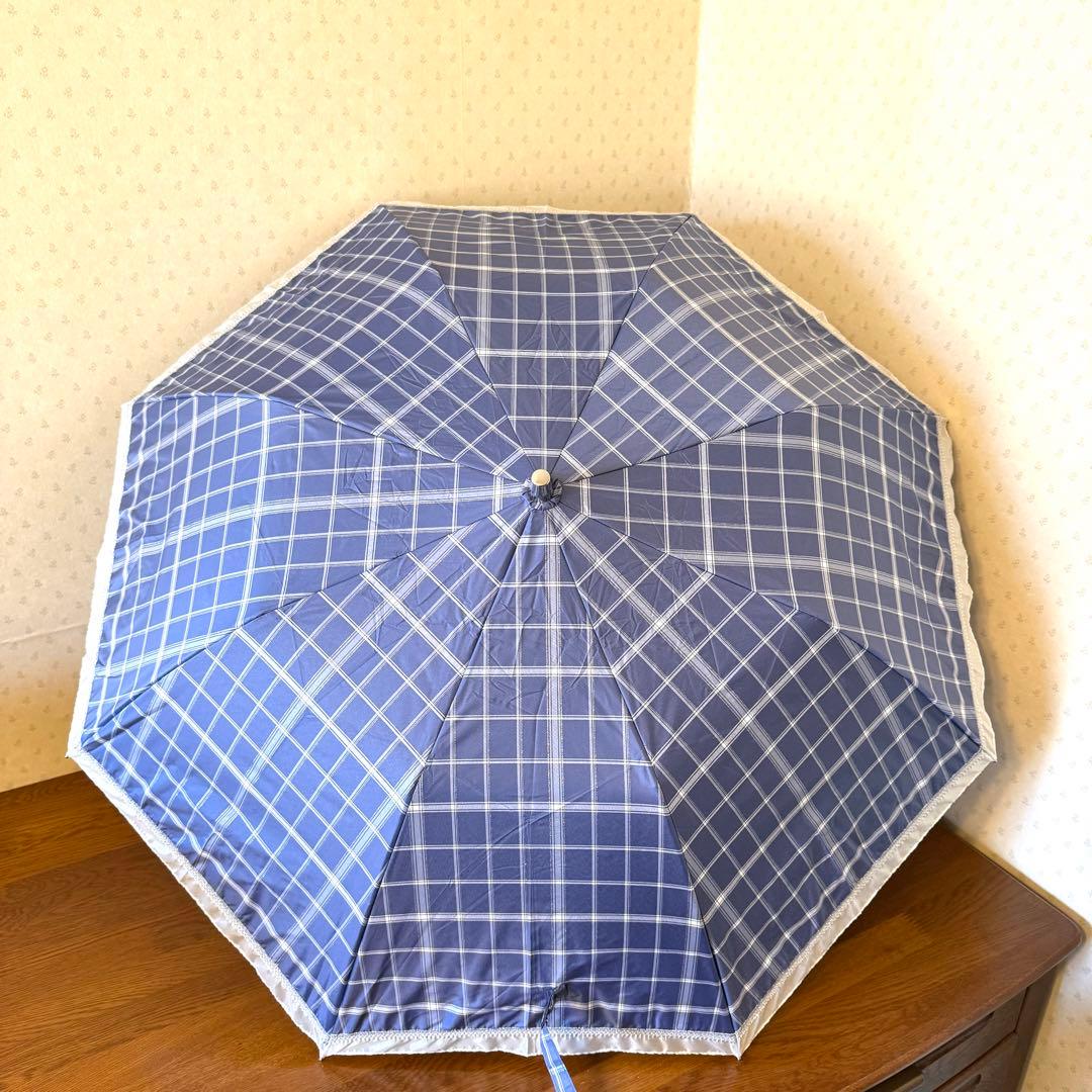新品★サンドレス　晴雨兼用　日傘　楽折　1級遮光　遮熱　ブルー　チェック　レース
