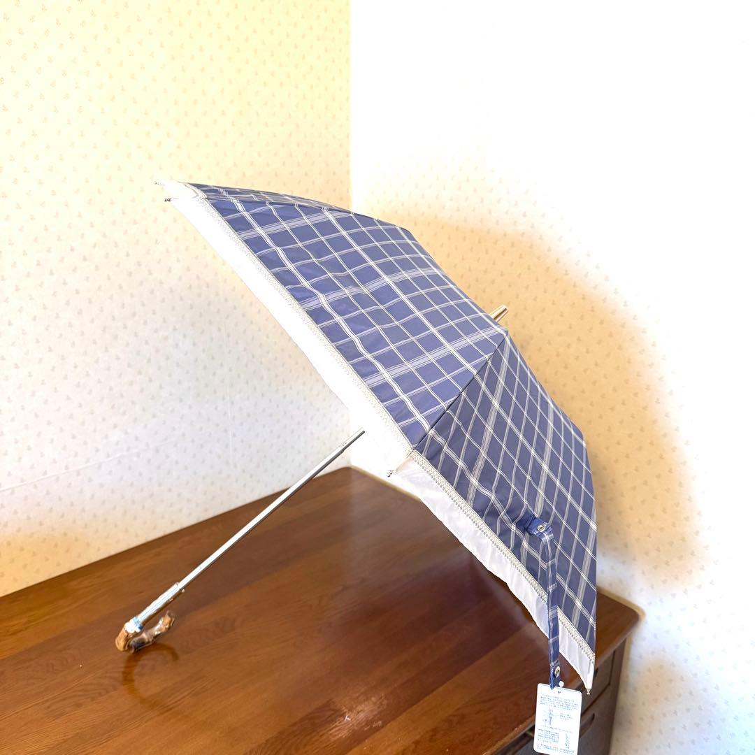 新品★サンドレス　晴雨兼用　日傘　楽折　1級遮光　遮熱　ブルー　チェック　レース
