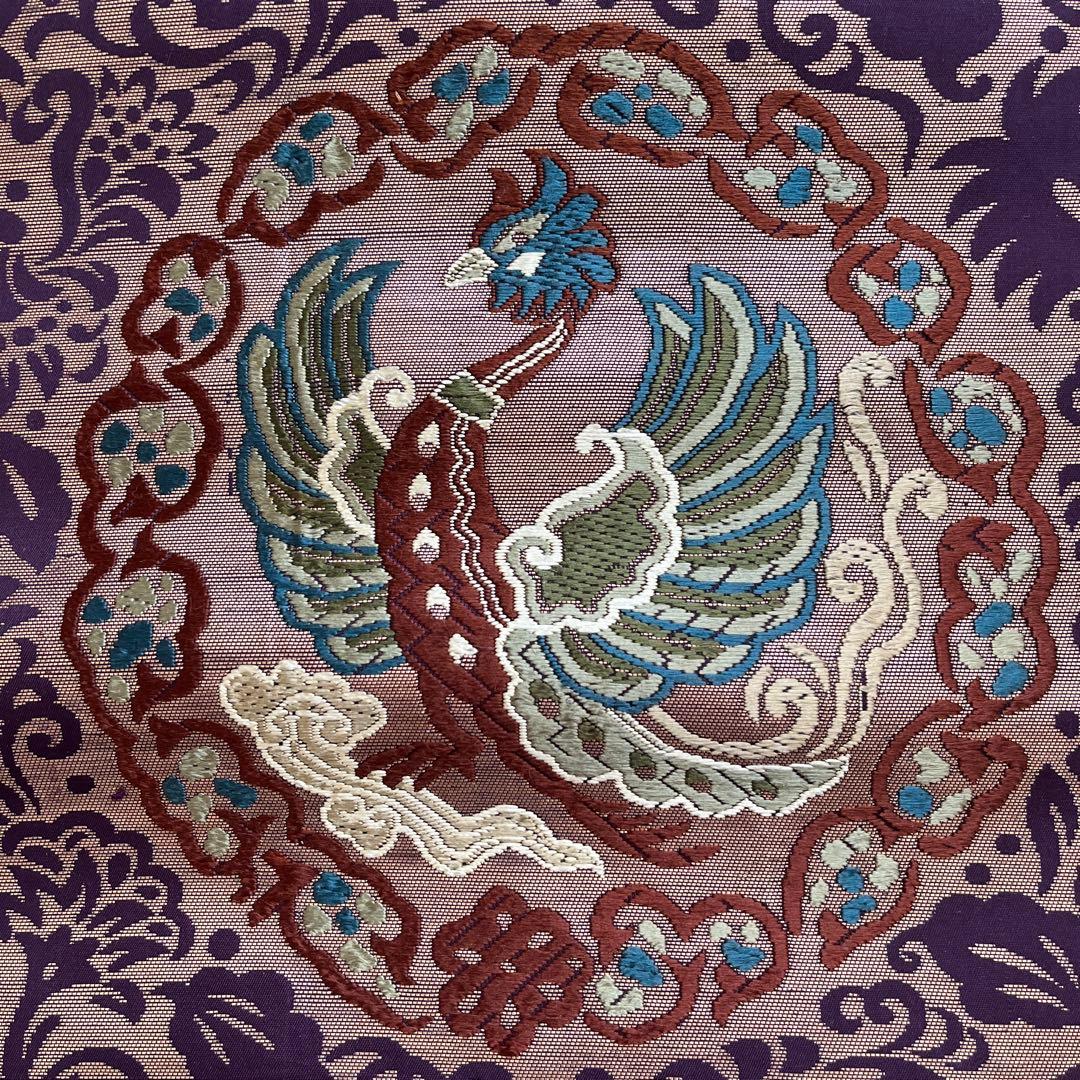 ＊しおり＊丸帯 アンティーク 正絹 龍と鳳凰 ブラウンゴールド紫緑 難あり