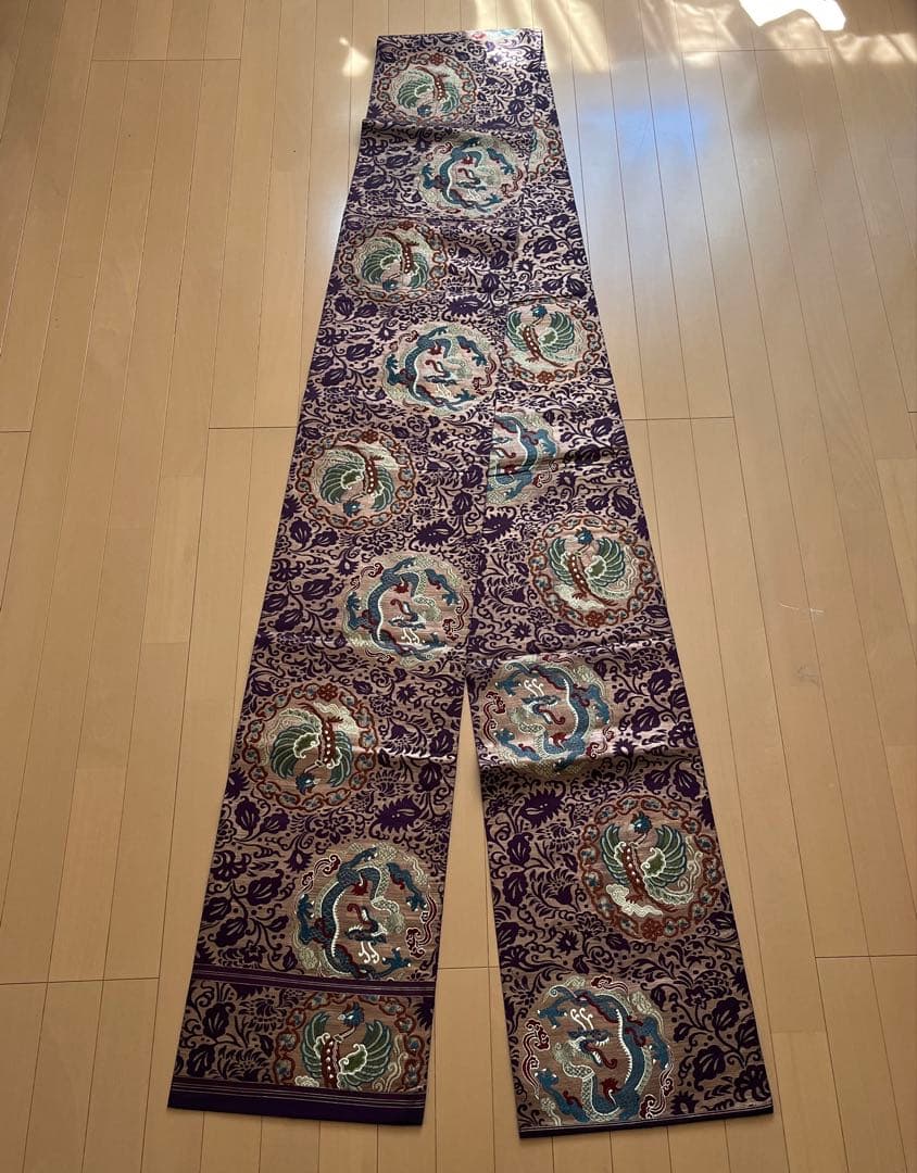 ＊しおり＊丸帯 アンティーク 正絹 龍と鳳凰 ブラウンゴールド紫緑 難あり