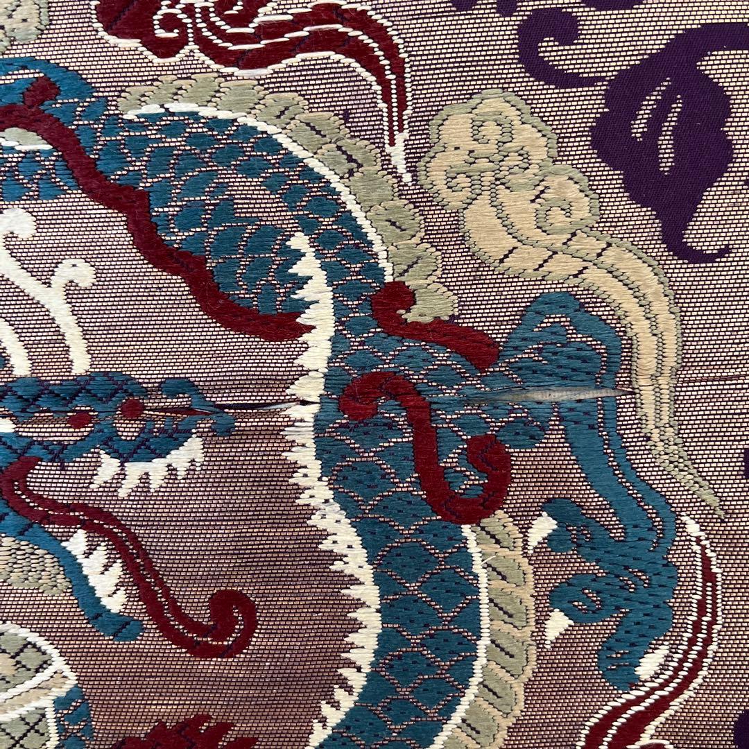 ＊しおり＊丸帯 アンティーク 正絹 龍と鳳凰 ブラウンゴールド紫緑 難あり