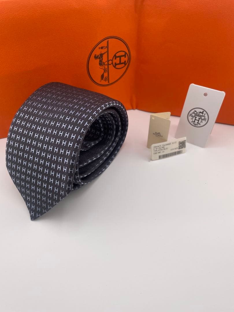 新品 エルメス ハイブランド ネクタイ ファソネ H柄 袋タグ付 タラサ／ブルー