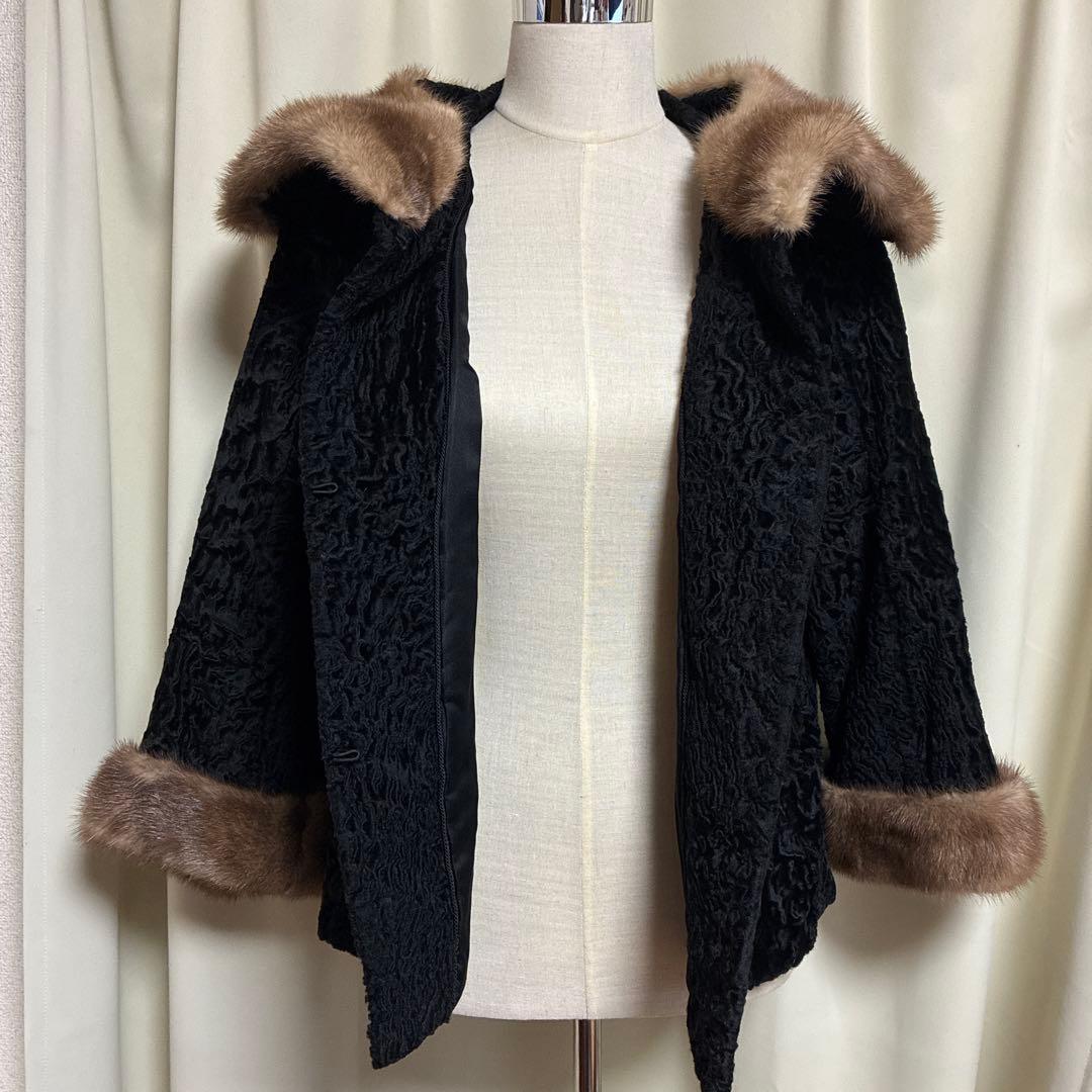 1950s-60sヴィンテージ黒ラムウールミンクファー襟 毛皮ショートコート