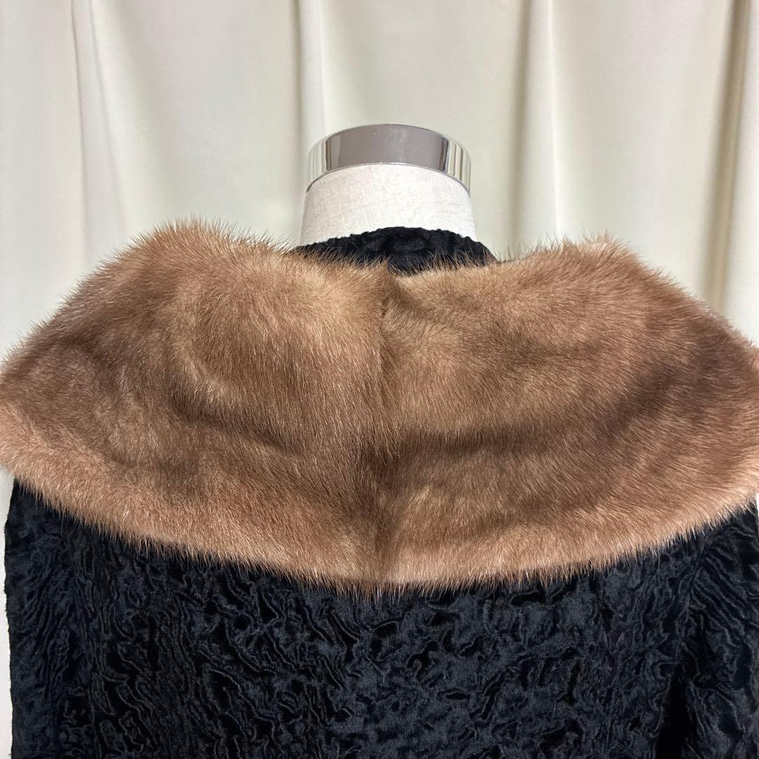1950s-60sヴィンテージ黒ラムウールミンクファー襟 毛皮ショートコート