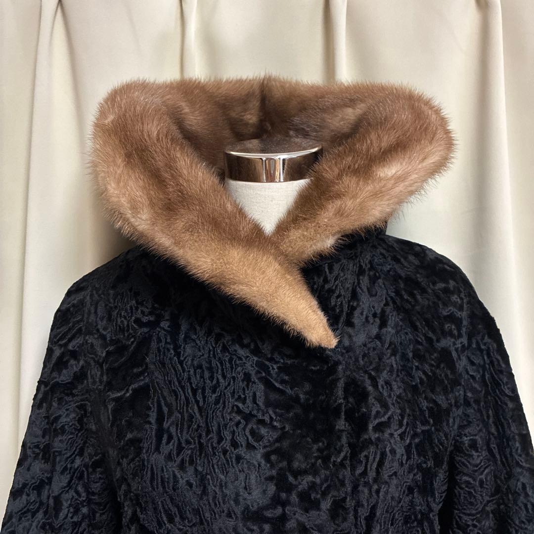1950s-60sヴィンテージ黒ラムウールミンクファー襟 毛皮ショートコート