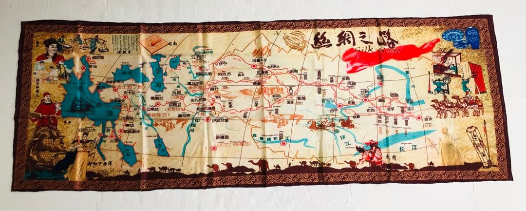 じゅんじゅんさん様用　敦煌シルク製シルクロード地図大判壁掛け (シルク100%