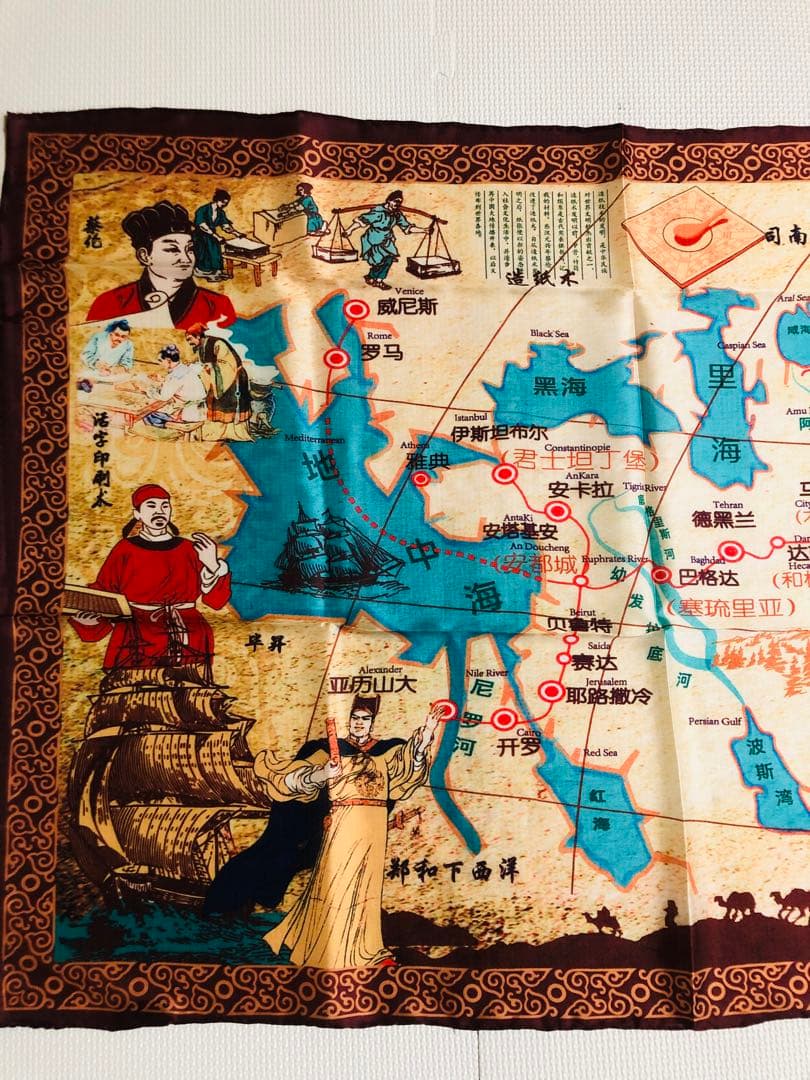 じゅんじゅんさん様用　敦煌シルク製シルクロード地図大判壁掛け (シルク100%