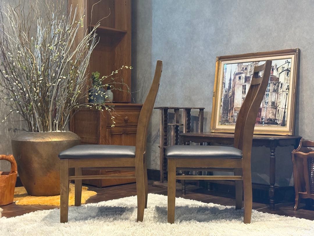 IDC 大塚家具 ダイニング リビングチェア ブラックレザー ビンテージ H