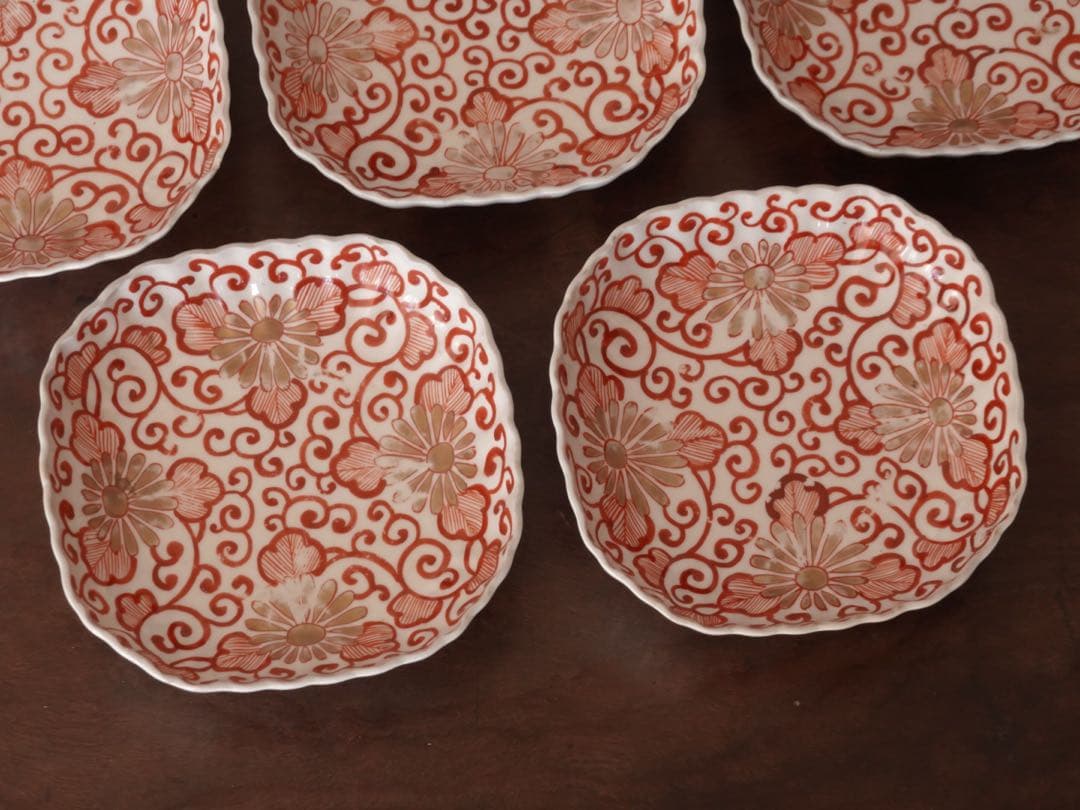 江戸後期　古伊万里　赤絵　金彩　菊　唐草文　向付　5客　膾皿　鉢　バラ売り可能