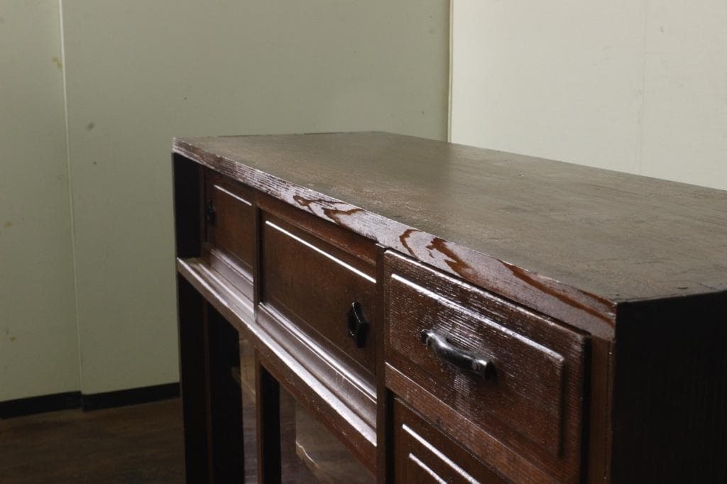 古い木製茶箪笥 収納棚/和家具/飾棚/食器棚時代箪笥/茶道具/ガラス戸棚/煎茶棚