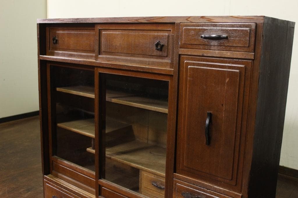 古い木製茶箪笥 収納棚/和家具/飾棚/食器棚時代箪笥/茶道具/ガラス戸棚/煎茶棚