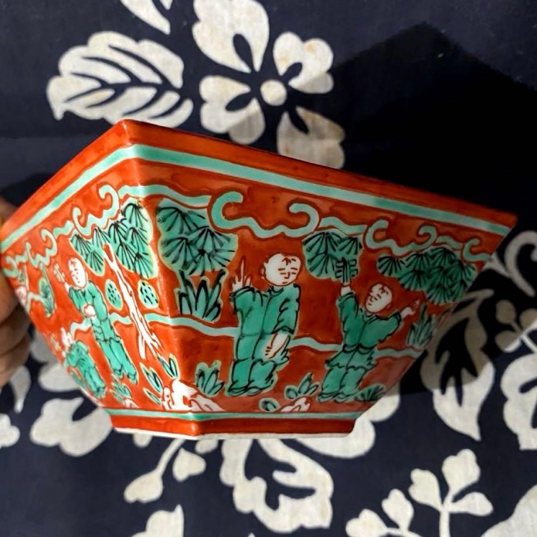 京焼　叶松谷　嘉靖意赤絵唐子画　向付　中国古玩大明嘉靖年製写し　二客組　清水焼