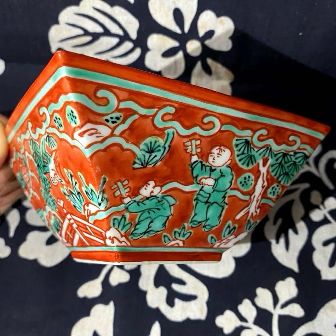 京焼　叶松谷　嘉靖意赤絵唐子画　向付　中国古玩大明嘉靖年製写し　二客組　清水焼