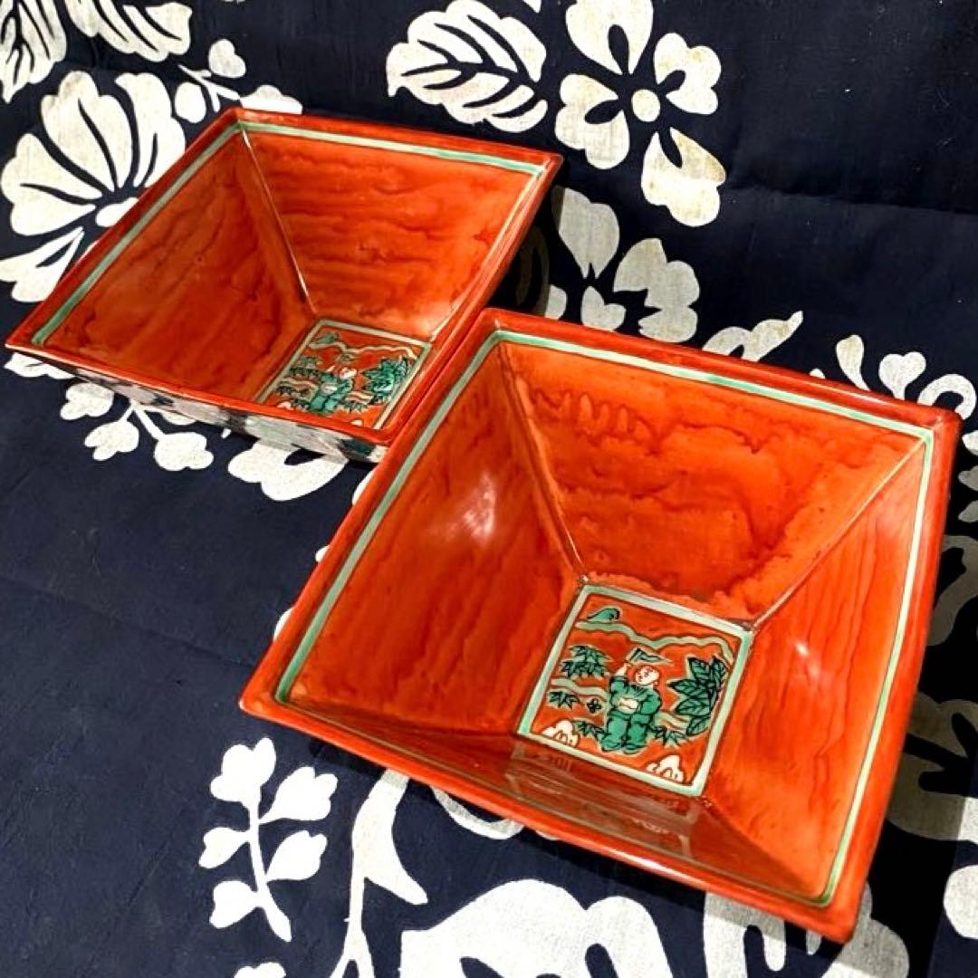 京焼　叶松谷　嘉靖意赤絵唐子画　向付　中国古玩大明嘉靖年製写し　二客組　清水焼