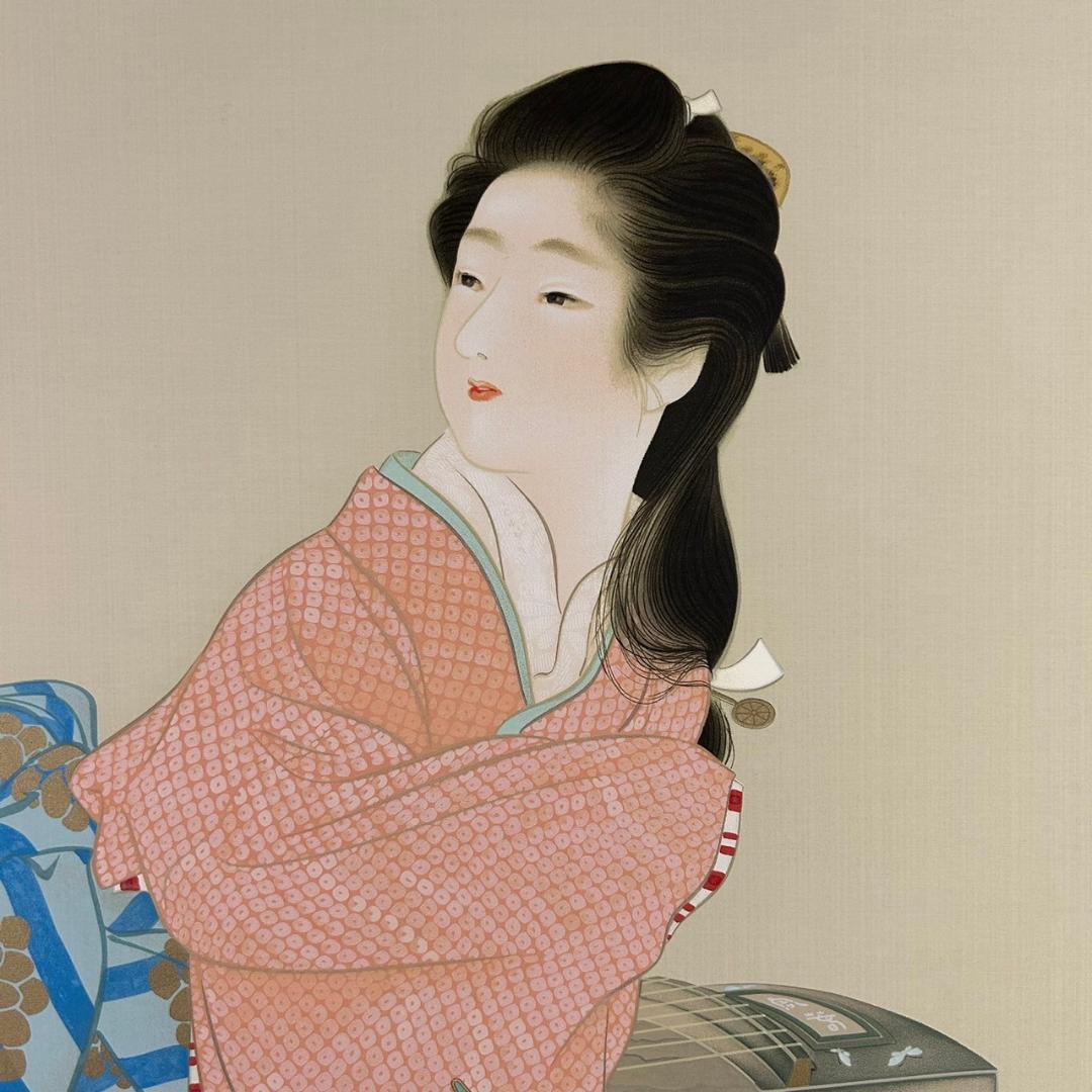 美品 上村松園「娘深雪」シルクスクリーン 上村淳之監修 証明シール有 額縁入り