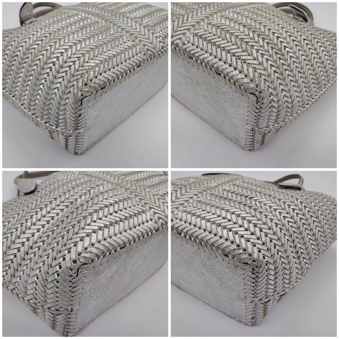 美品 アニヤハインドマーチ ニーソン トート シルバー 光沢 編み込み