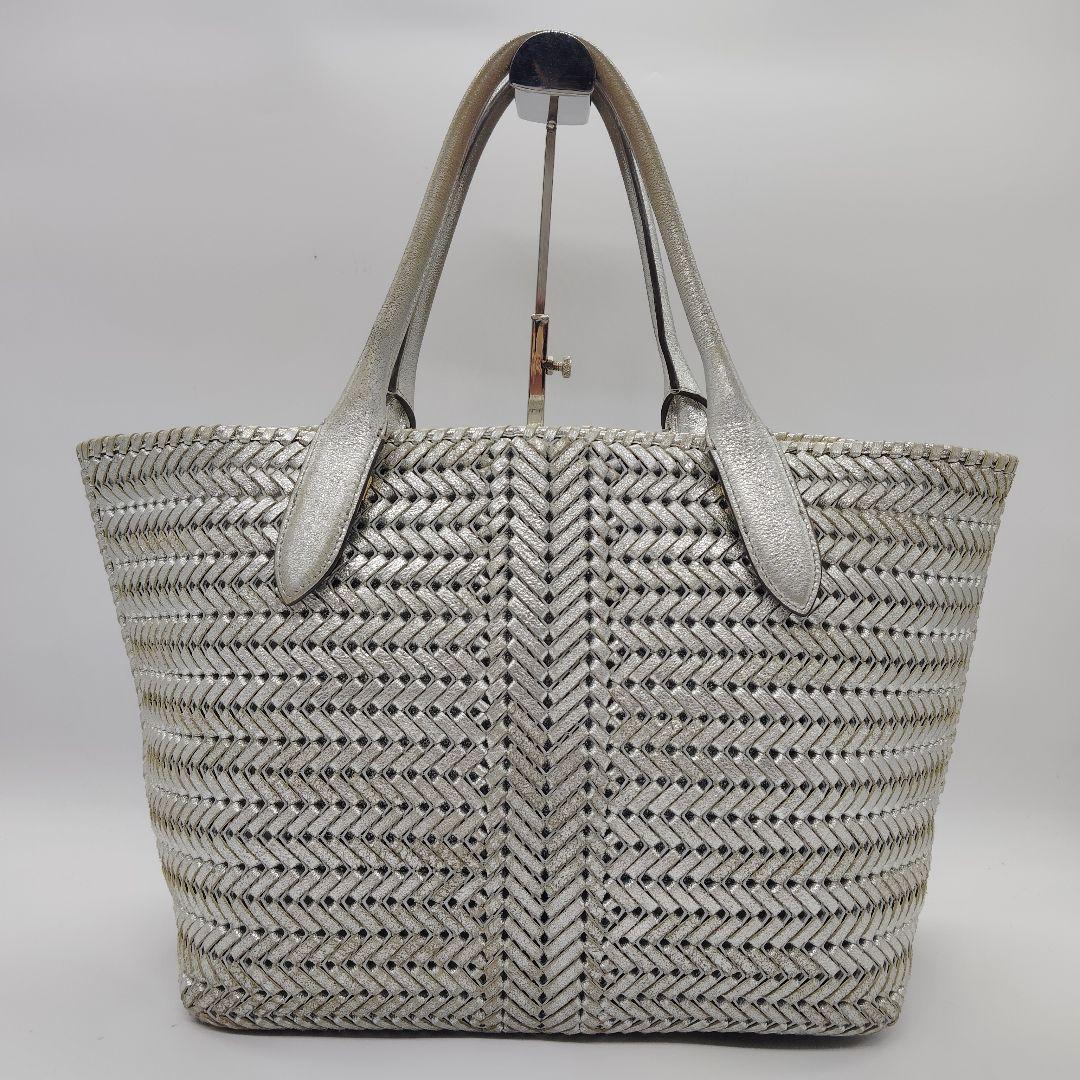 美品 アニヤハインドマーチ ニーソン トート シルバー 光沢 編み込み