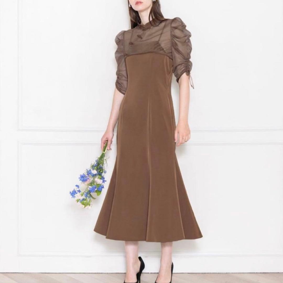 leja 透け感チャイナトップス付きロング丈キャミソールセットアップドレス