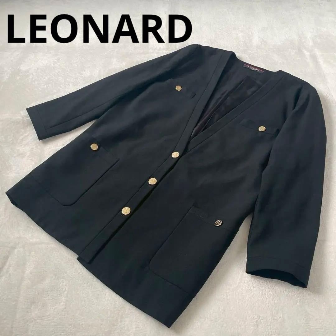 レオナール　ノーカラージャケット　金ボタン　9 ブラック　黒