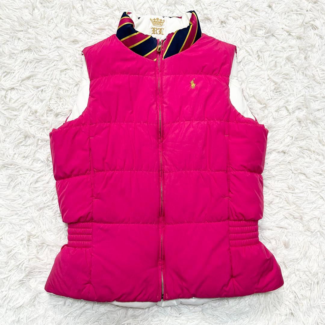 極上品 ラルフローレン ダウンベスト ポニー 白 ピンク リバーシブル 金金具
