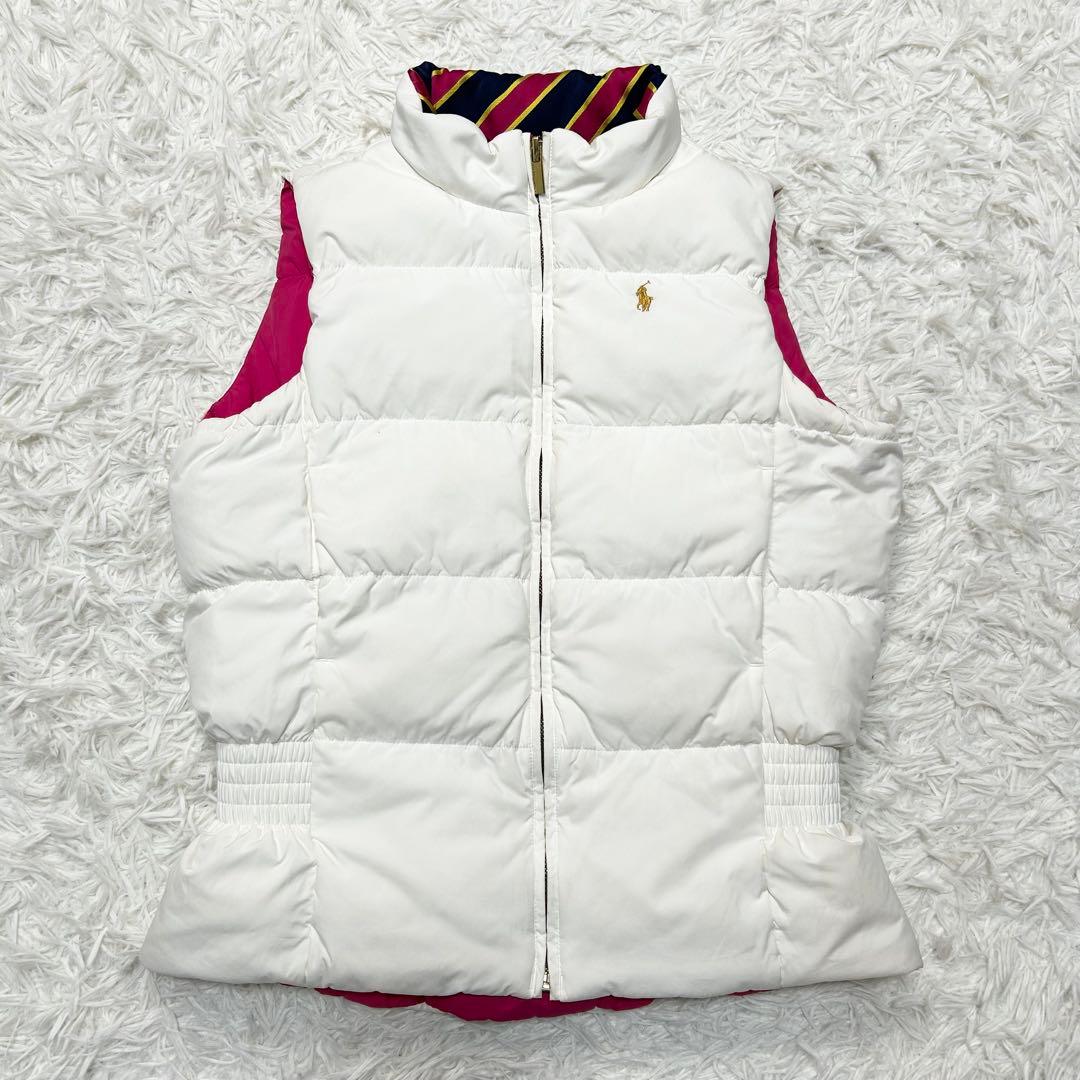 極上品 ラルフローレン ダウンベスト ポニー 白 ピンク リバーシブル 金金具