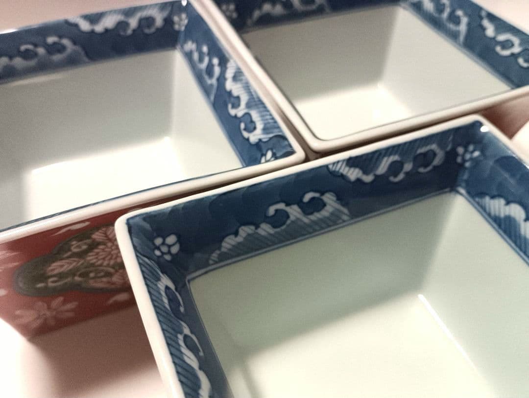 ② 源右衛門窯 染錦 赤濃菊絵 角鉢 3客組 未使用品