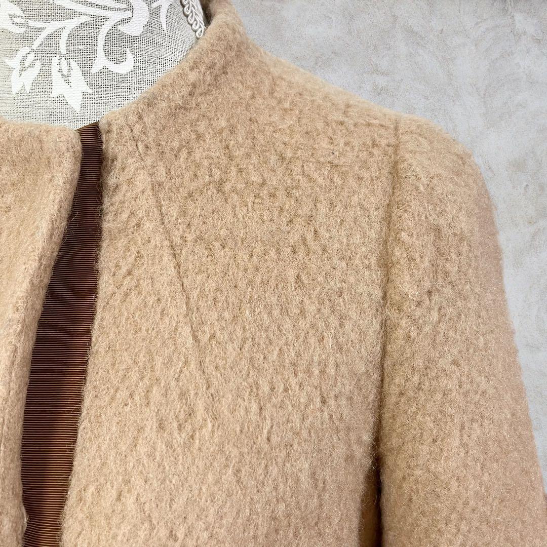 エムズグレイシー ノーカラーコート リボン ベージュ ウール モヘヤ 40