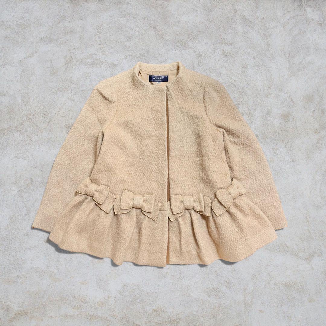 エムズグレイシー ノーカラーコート リボン ベージュ ウール モヘヤ 40