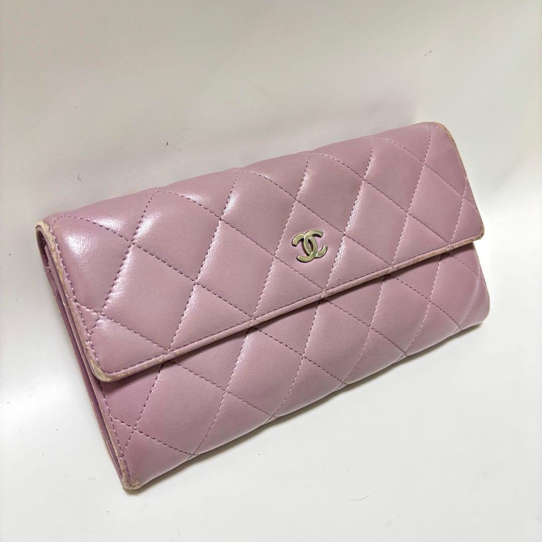 希少　CHANEL シャネル　長財布　財布　ラムスキン　パープル　ラベンダー　箱
