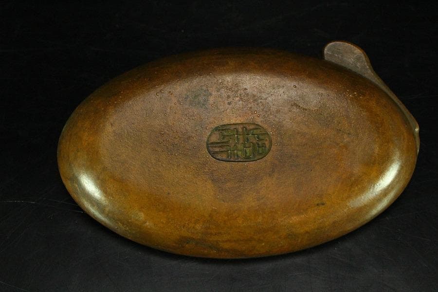 銅 鶴 楕円形 皿 11.5cmx7cm 在銘 文房四宝(K-YC355)