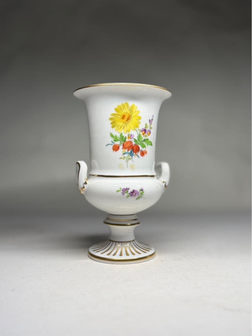 マイセン 金彩花紋様 白地 装飾花瓶 両持ち取手 フラワーベース