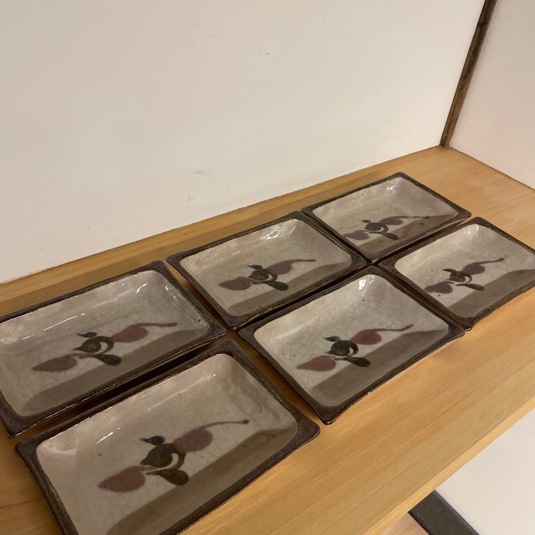 河井敏孝　鳥文角皿　６客　共箱付き　河井寛次郎 濱田庄司 民藝　スリップウェア