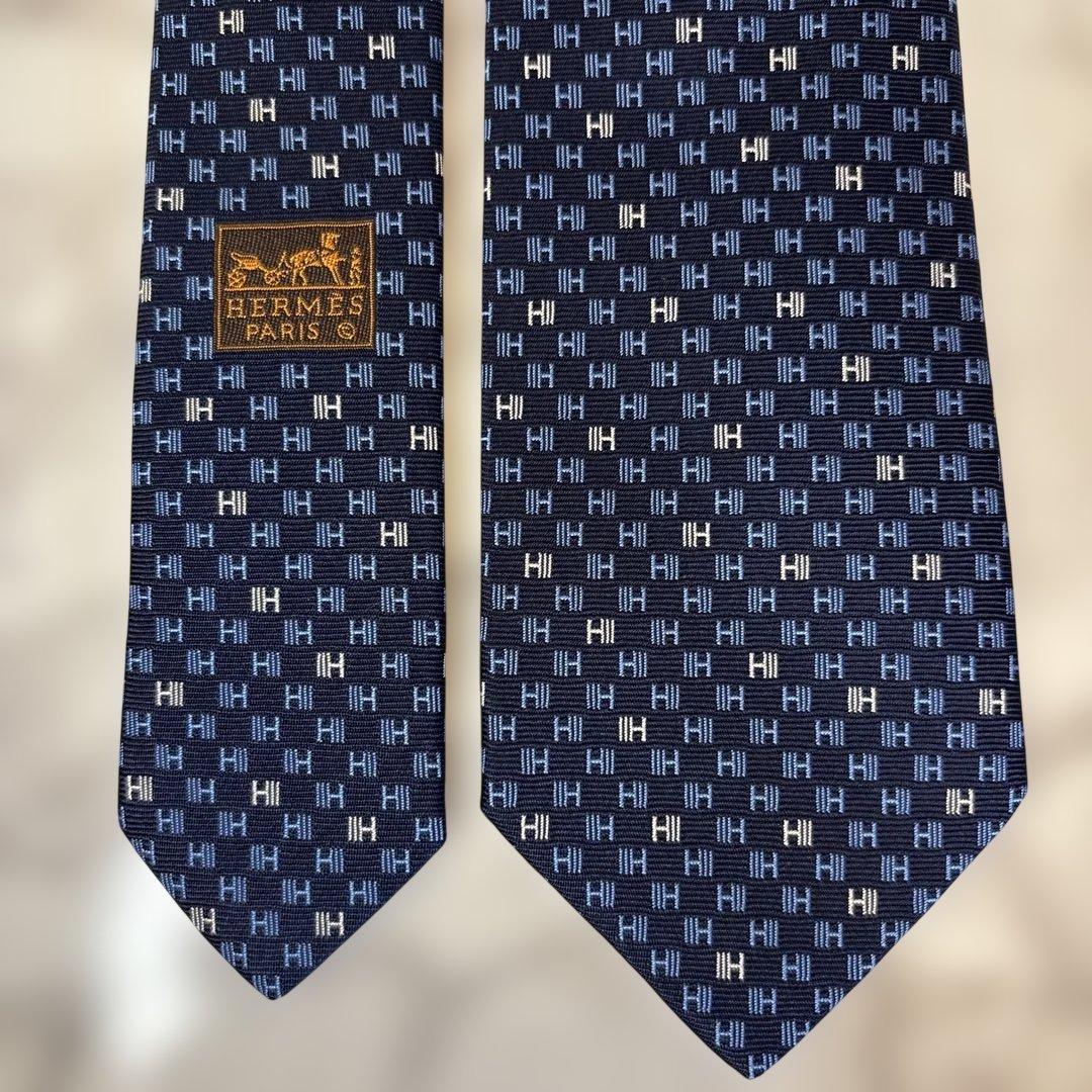 【箱&カード&リボン付】HERMES ネクタイ　ファソネ　ネイビー　紺色　H柄
