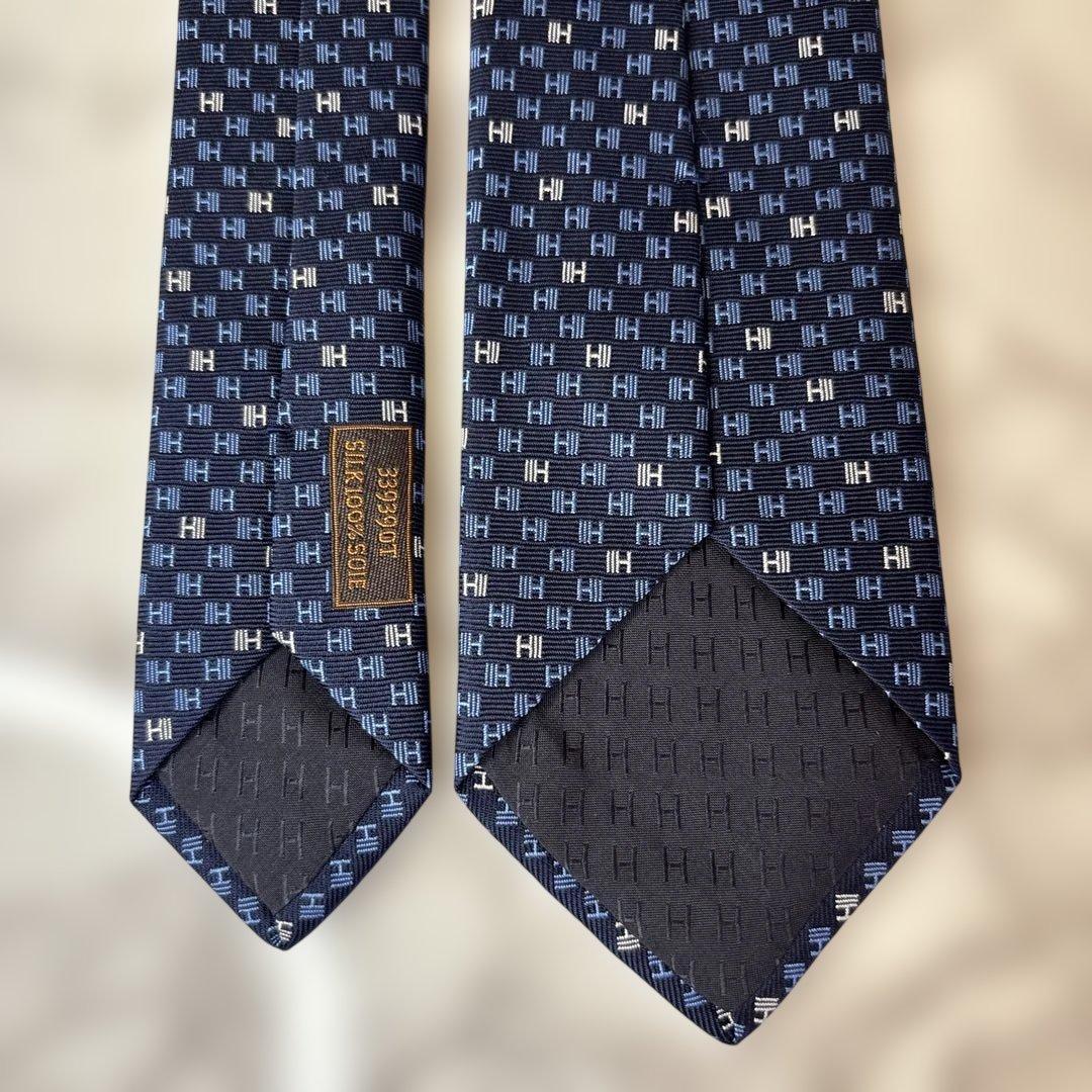 【箱&カード&リボン付】HERMES ネクタイ　ファソネ　ネイビー　紺色　H柄