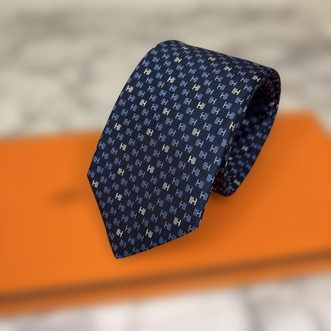 【箱&カード&リボン付】HERMES ネクタイ　ファソネ　ネイビー　紺色　H柄