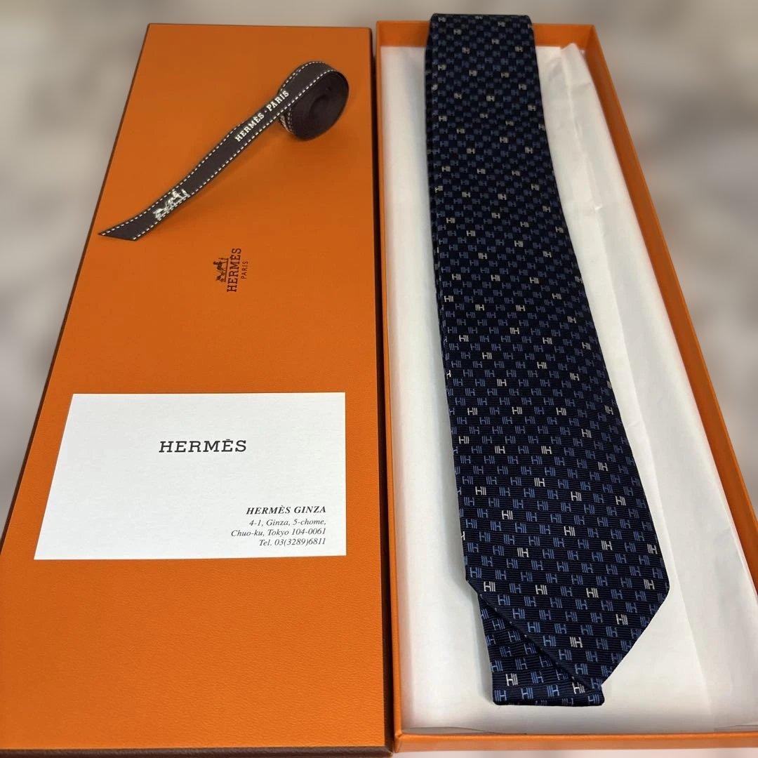 【箱&カード&リボン付】HERMES ネクタイ　ファソネ　ネイビー　紺色　H柄