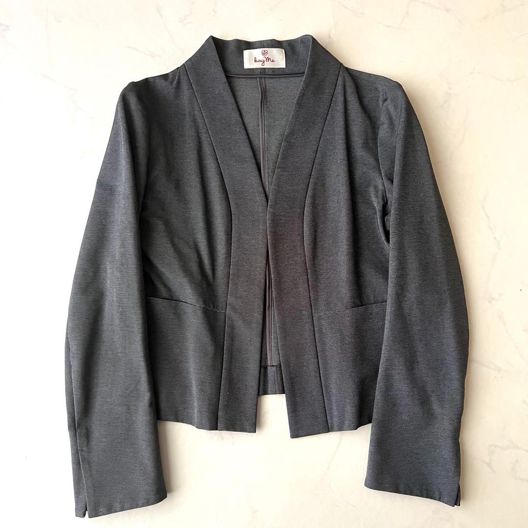 現行品 ケイミー kayme ノーカラージャケット グレー 9号 M ストレッチ