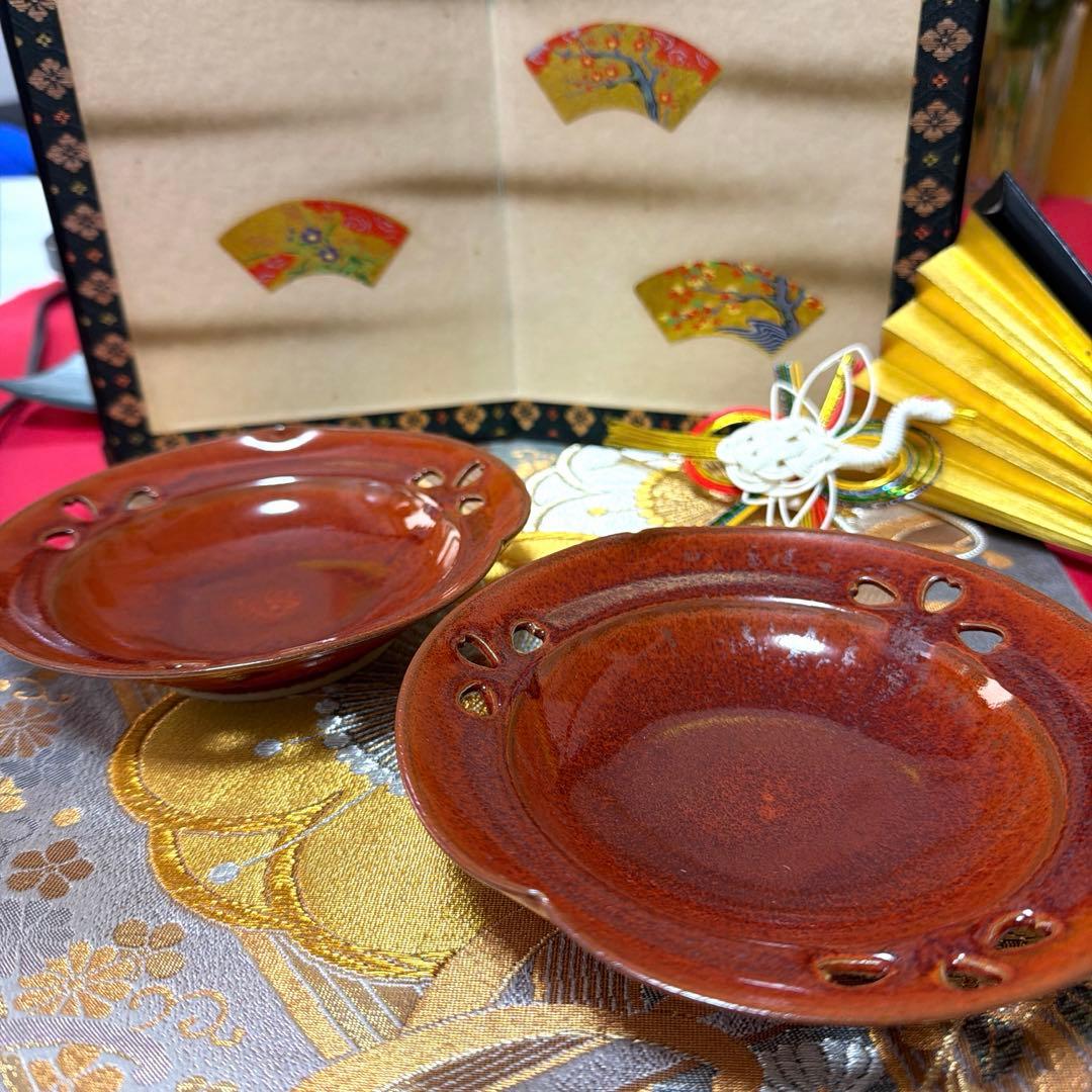 たち吉赤絵金彩八角鉢　春秋貝彩　金銀ガラス製プレート　加賀箔工芸　No.4-39