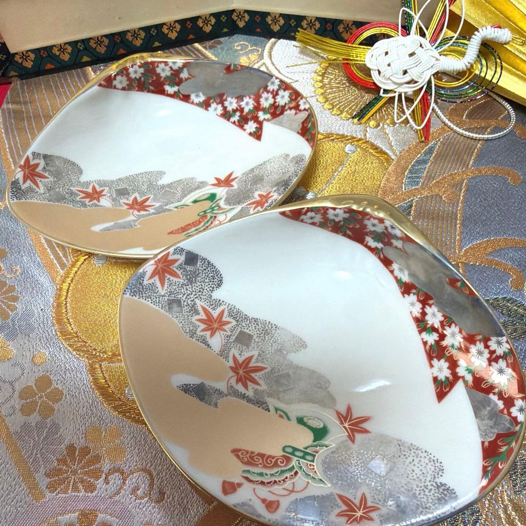 たち吉赤絵金彩八角鉢　春秋貝彩　金銀ガラス製プレート　加賀箔工芸　No.4-39