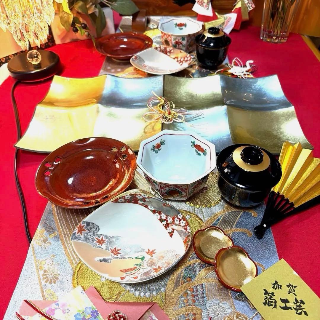 たち吉赤絵金彩八角鉢　春秋貝彩　金銀ガラス製プレート　加賀箔工芸　No.4-39